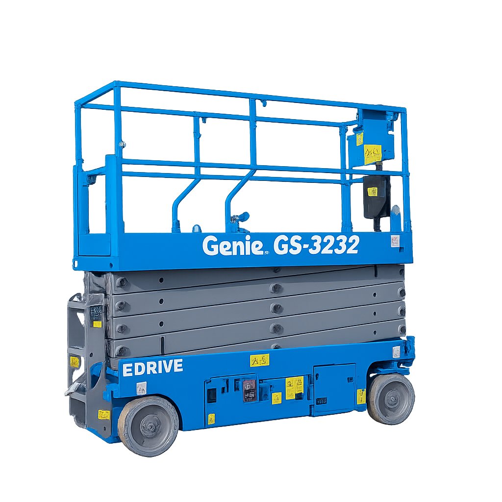 32-foot narrow electric scissor lift with guardrails and compact design for indoor elevated access