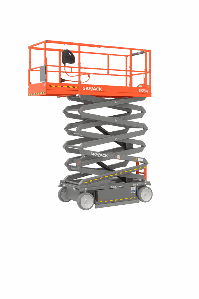 Skyjack SJ4732 electric scissor lift fully extended, showing platform, scissor arms, and compact base with solid non-marking tires.