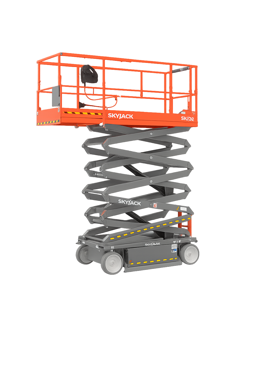 Skyjack SJ4732 electric scissor lift fully extended, showing platform, scissor arms, and compact base with solid non-marking tires.