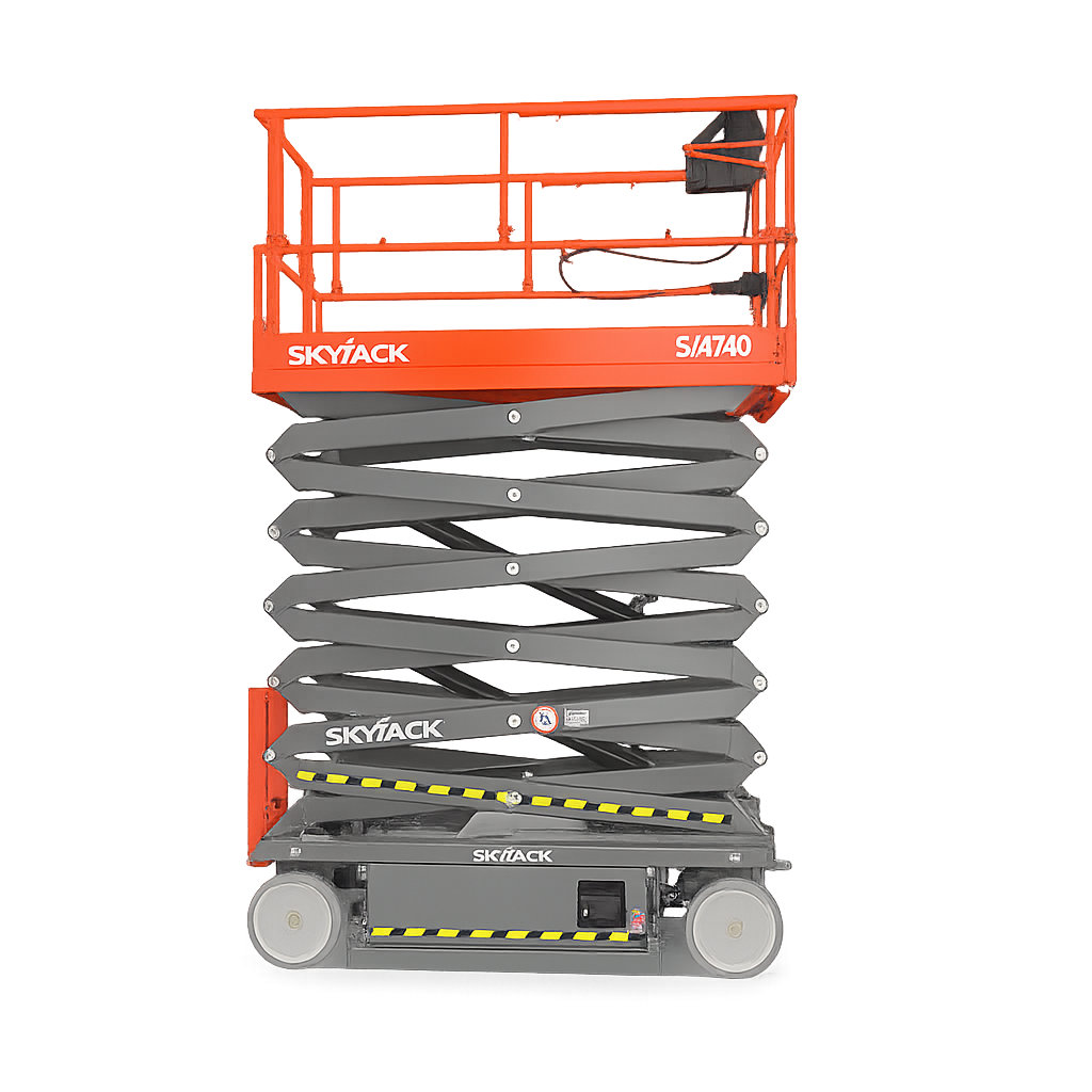 Skyjack SJ4740 electric scissor lift fully extended, showing compact design with safety railings and gray scissor mechanism.
