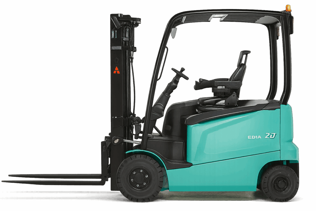 Side view of Mitsubishi EDIA 25 electric forklift with overhead guard, ergonomic seat, and black lifting mast on cushion tires.