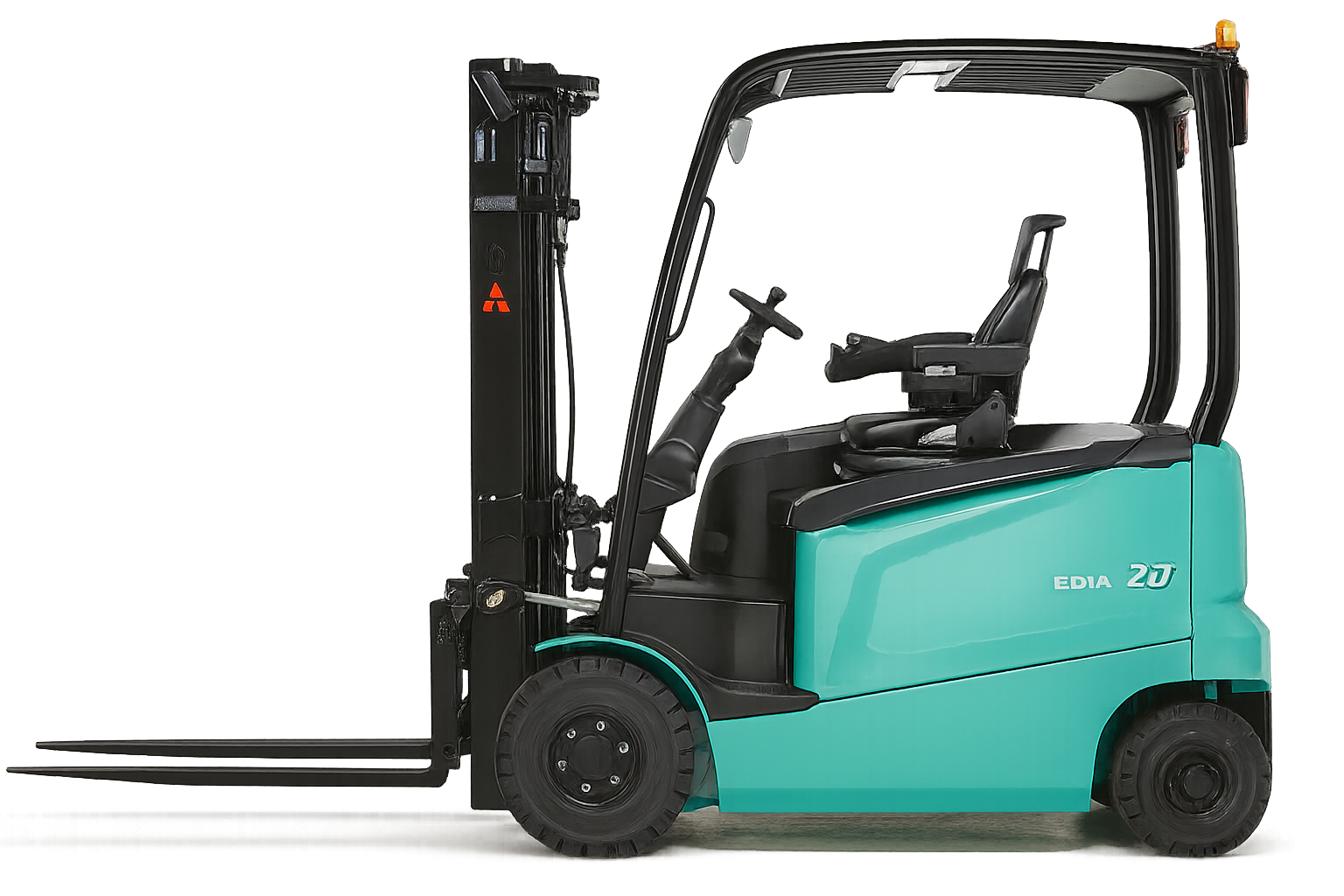 Side view of Mitsubishi EDIA 25 electric forklift with overhead guard, ergonomic seat, and black lifting mast on cushion tires.