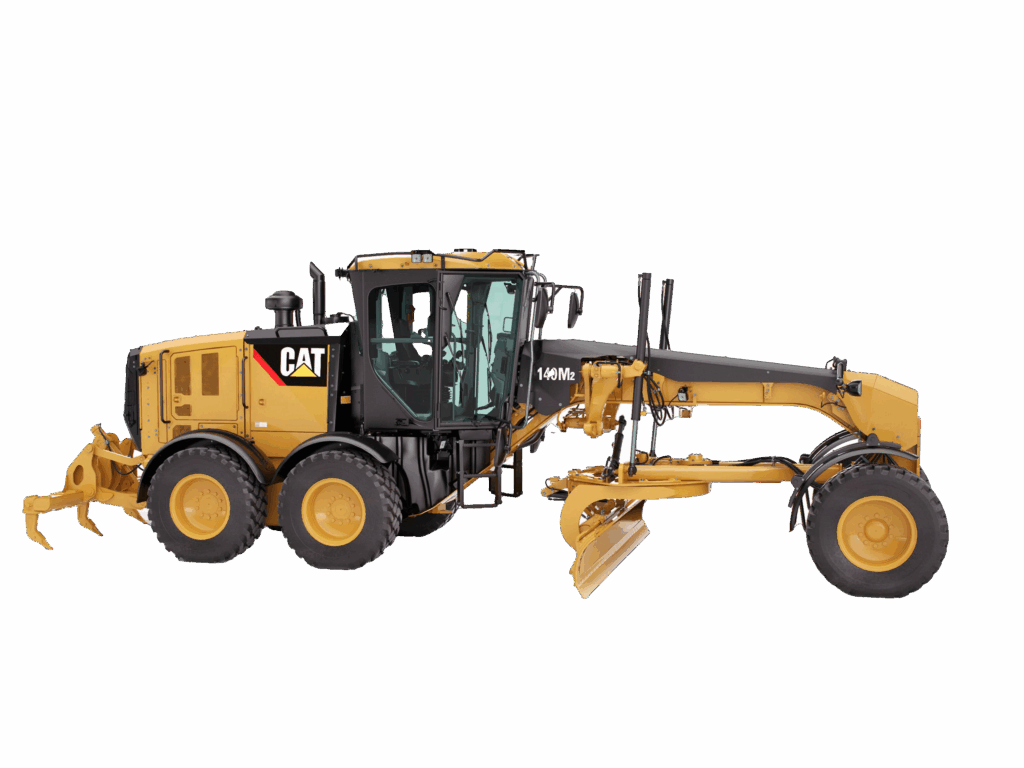 Cat 140M2 12' Motor Grader with joystick controls and rear ripper attachment, isolated on transparent background.
