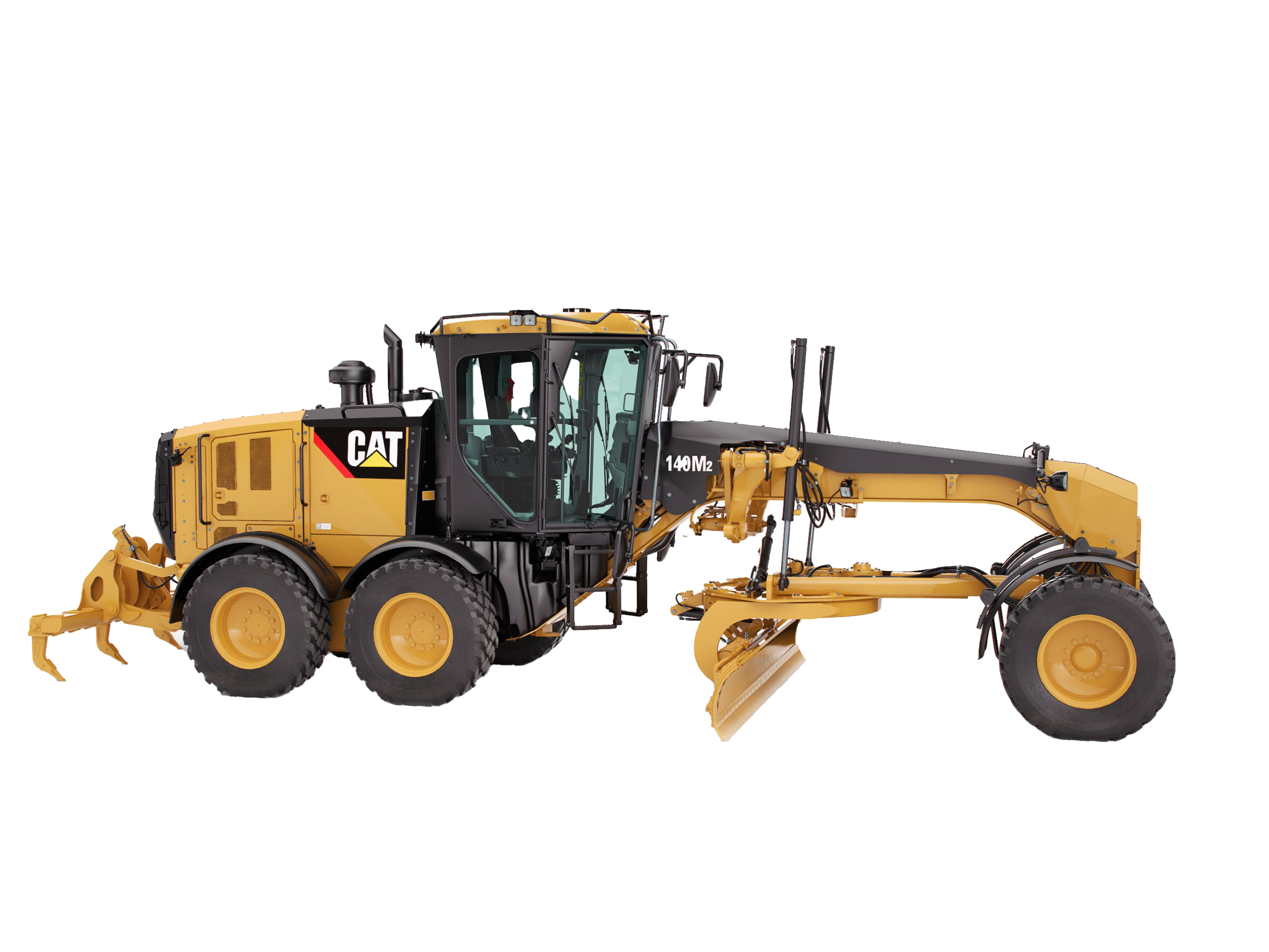 Cat 140M2 14' Motor Grader with joystick controls and rear ripper attachment, isolated on transparent background.