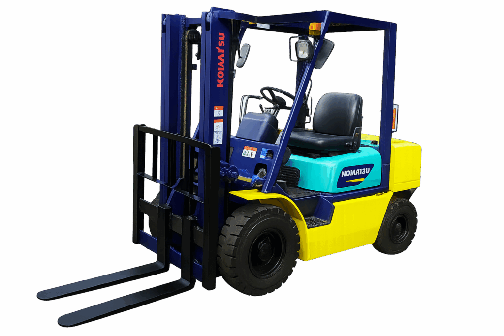 Komatsu FG25T-11 LPG forklift in blue, teal, and yellow with dual forks and overhead guard, shown on a transparent background.