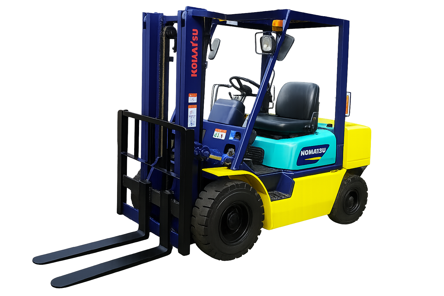 Komatsu FG25T-11 LPG forklift in blue, teal, and yellow with dual forks and overhead guard, shown on a transparent background.