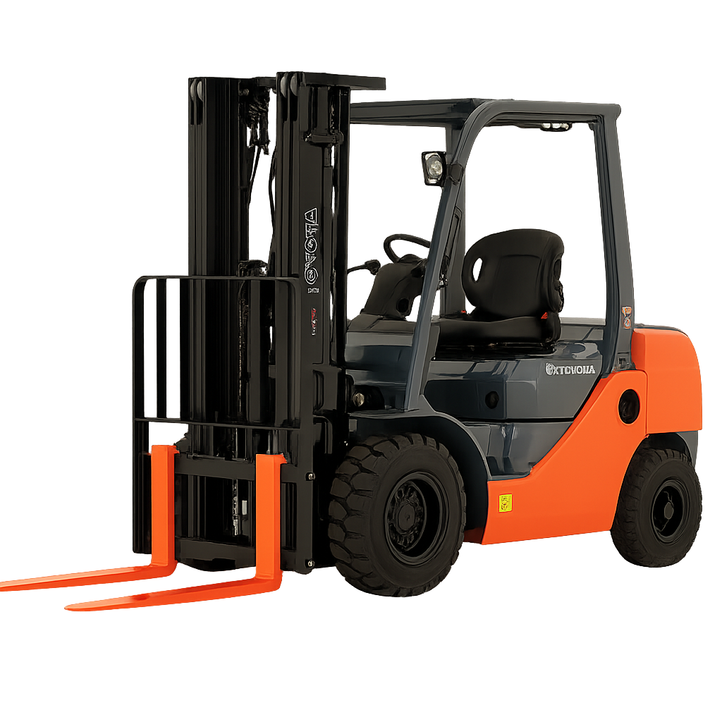 Toyota 8FGU25 forklift with pneumatic tires, orange and gray body, and overhead guard, viewed at a slight front angle.