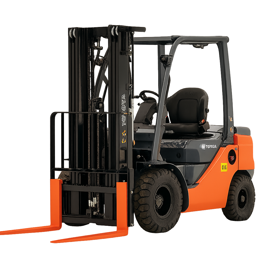 Toyota core internal combustion pneumatic forklift with dual front tires, orange and charcoal finish, and safety overhead guard.