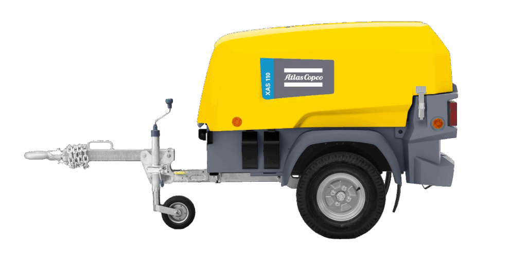 Atlas Copco 25 HP diesel towable air compressor with HardHat canopy and heavy-duty wheels