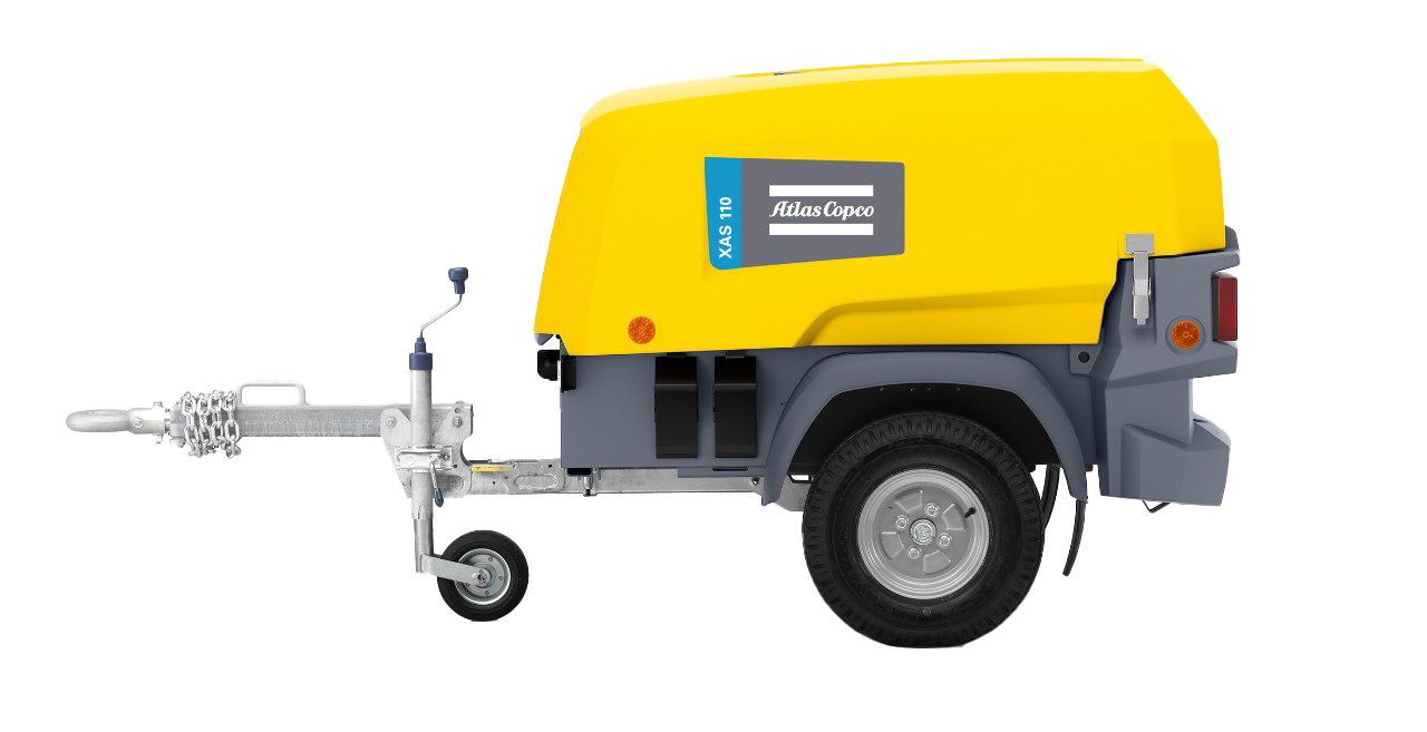 Atlas Copco 25 HP diesel towable air compressor with HardHat canopy and heavy-duty wheels
