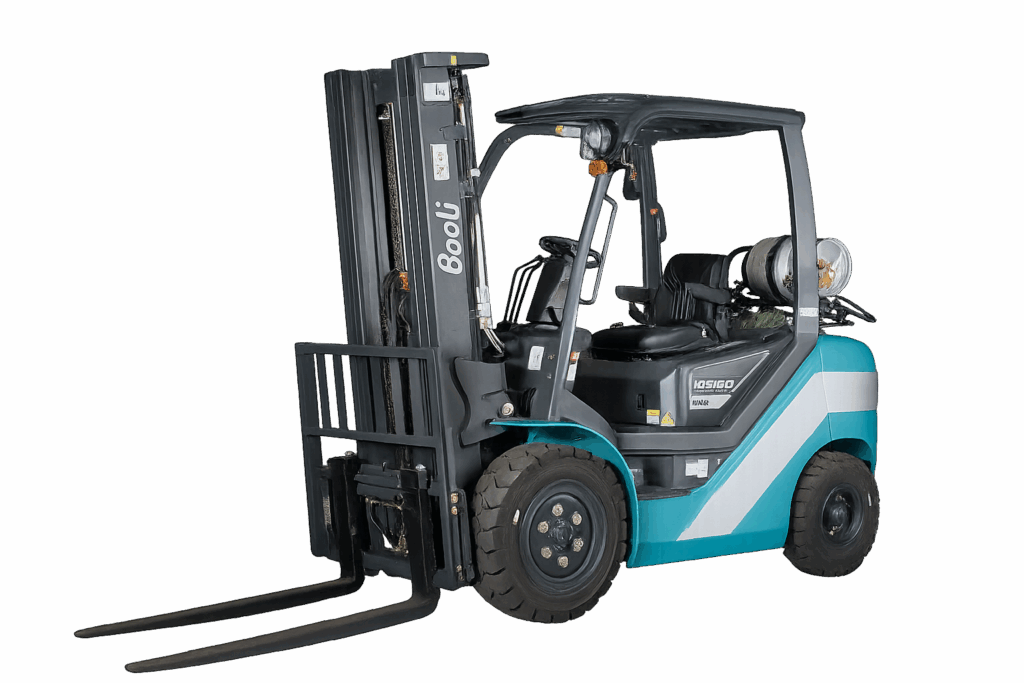 Baoli KBG25 LPG forklift with teal and dark gray frame, pneumatic tires, overhead guard, and propane tank, shown from a front-side angle.