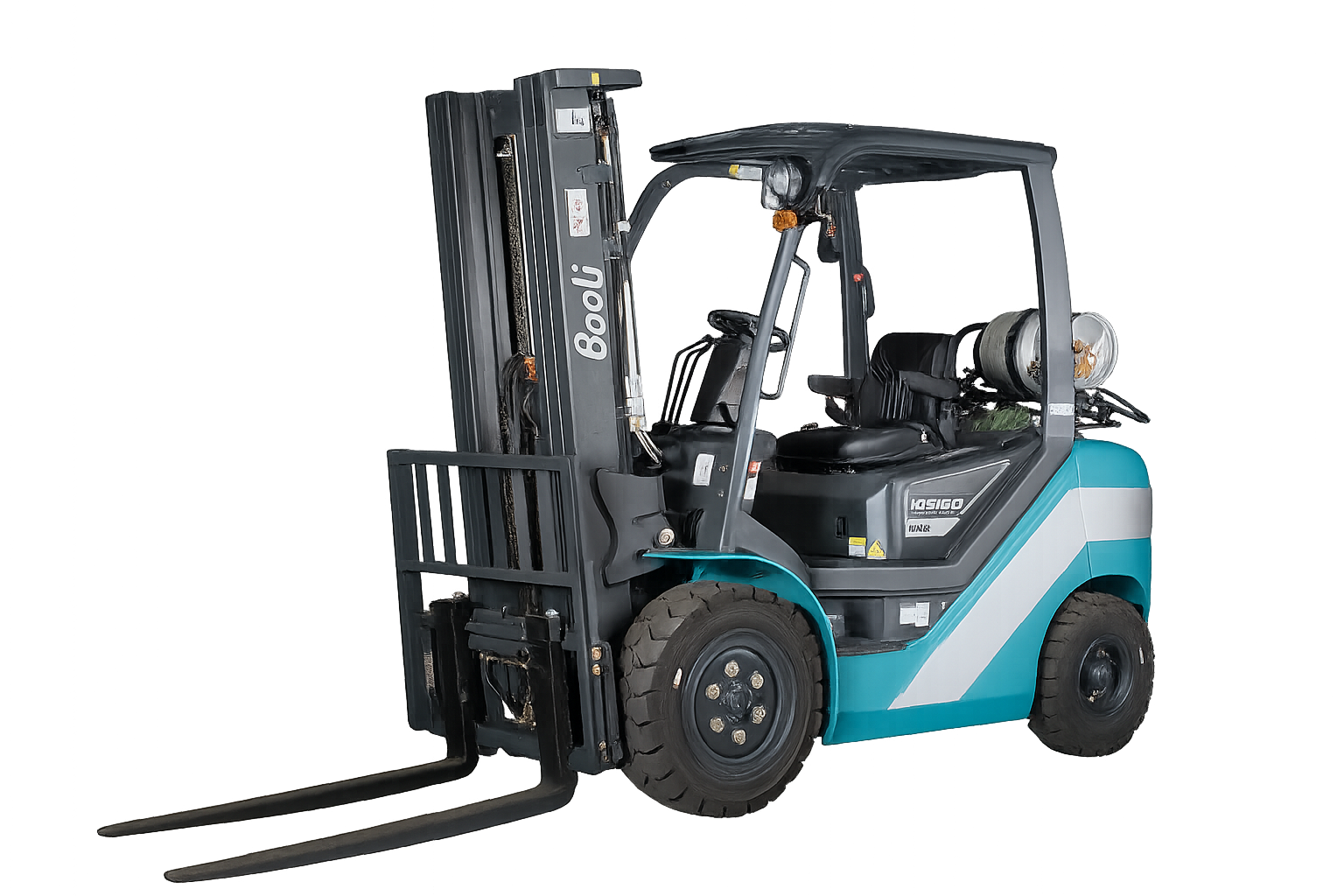 Baoli KBG25 LPG forklift with teal and dark gray frame, pneumatic tires, overhead guard, and propane tank, shown from a front-side angle.