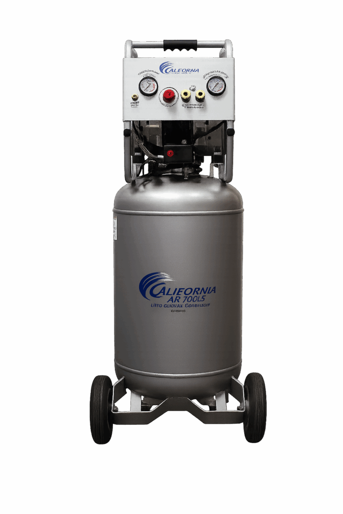 California Air Tools SP Ultra Quiet 2-HP 20-Gallon Steel Tank Air Compressor with dual pressure gauges and sturdy wheels