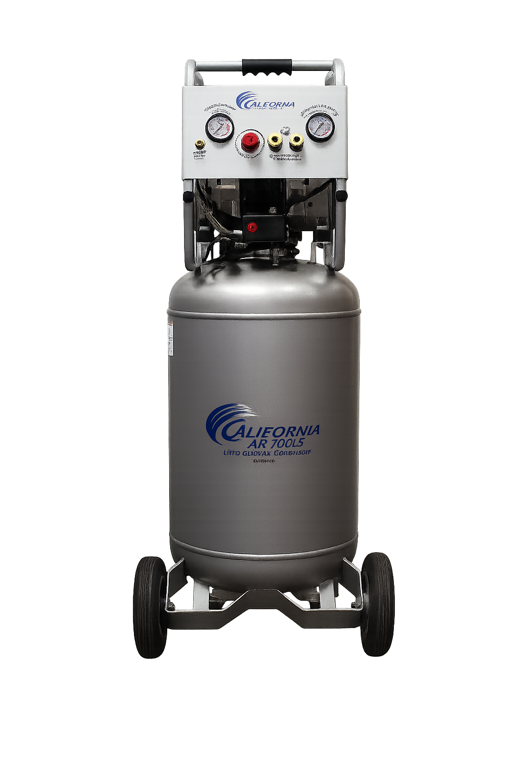 California Air Tools SP Ultra Quiet 2-HP 20-Gallon Steel Tank Air Compressor with dual pressure gauges and sturdy wheels