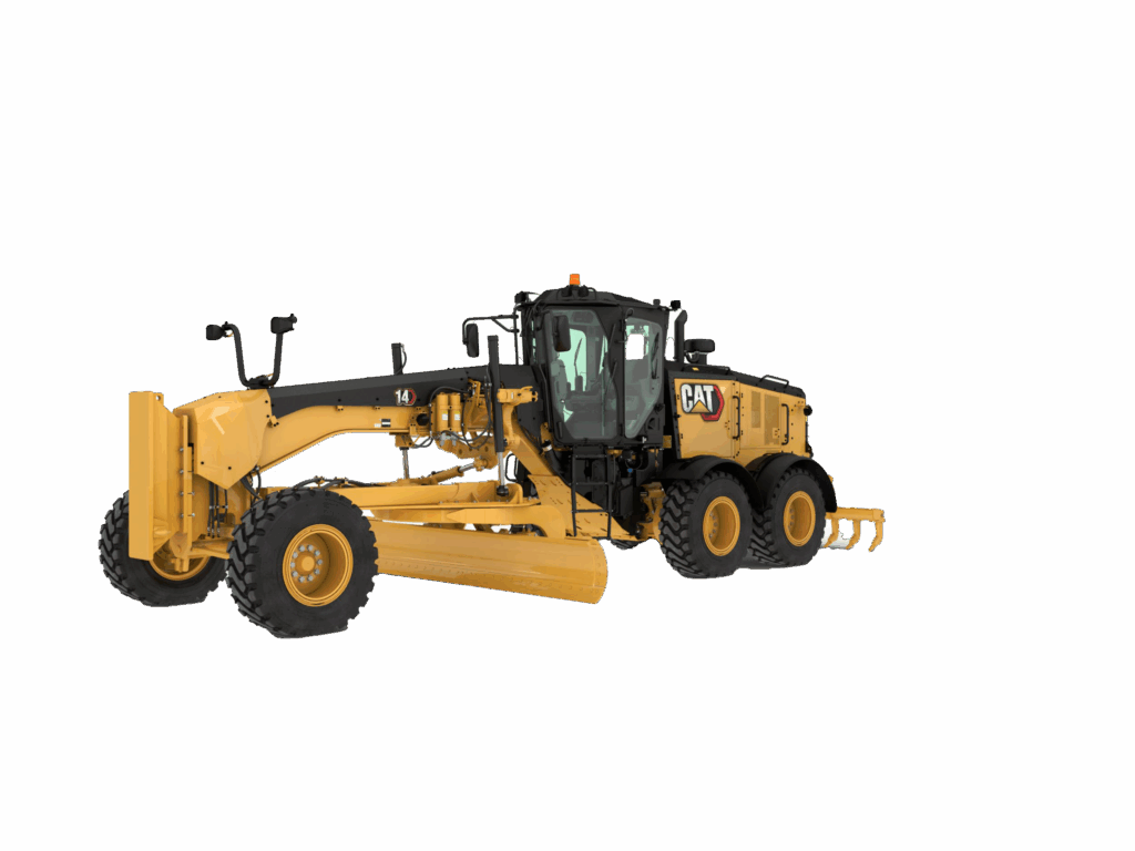 Cat 155 14-foot motor grader with articulated frame and rear ripper, built for heavy-duty road grading and site prep.