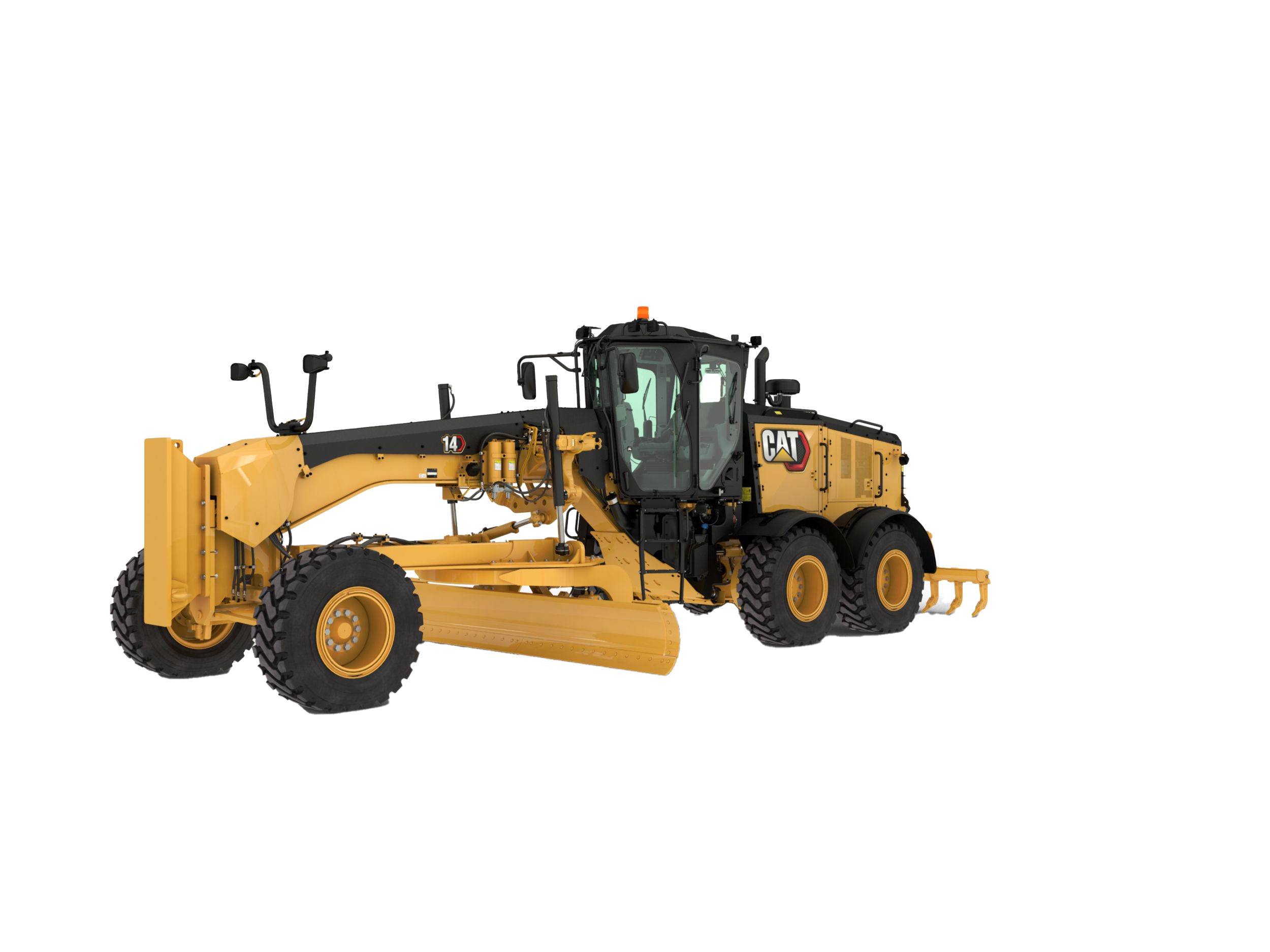 Cat 155 14-foot motor grader with articulated frame and rear ripper, built for heavy-duty road grading and site prep.