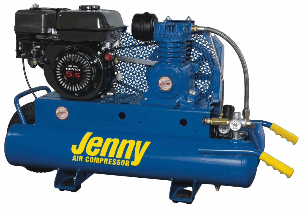 5.5 HP Honda-powered portable air compressor with dual 4-gallon tanks and heavy-duty cast iron pump