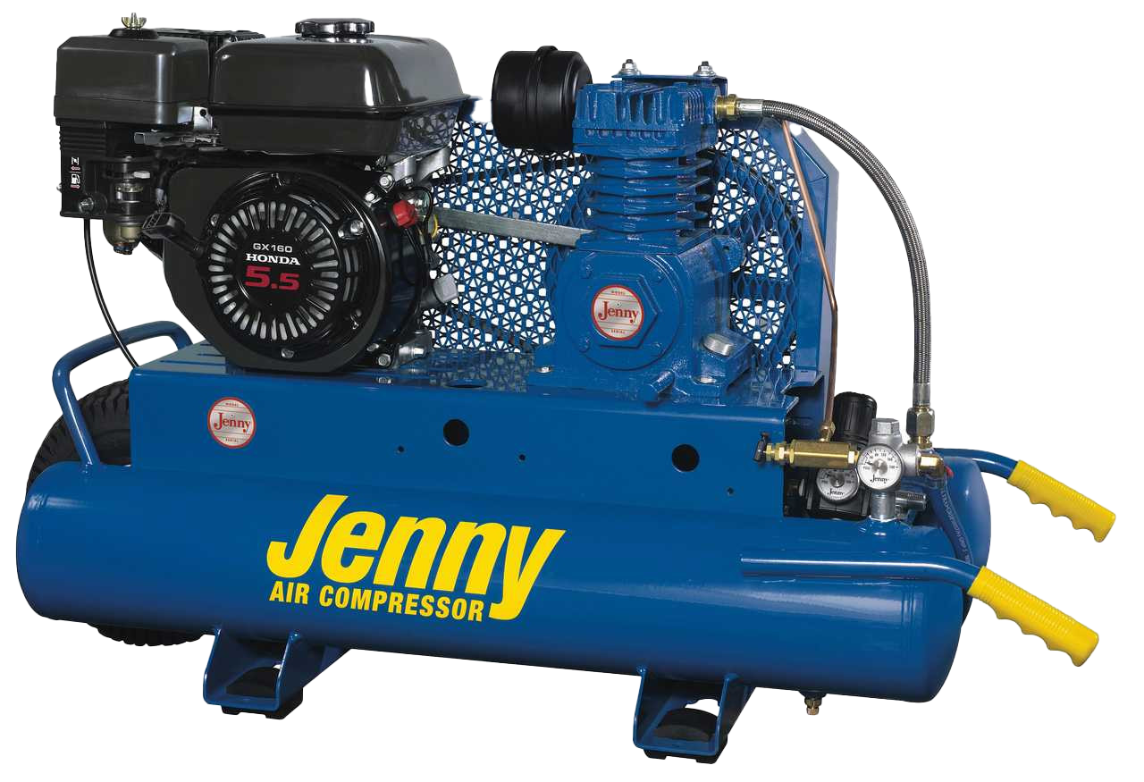 5.5 HP Honda-powered portable air compressor with dual 4-gallon tanks and heavy-duty cast iron pump
