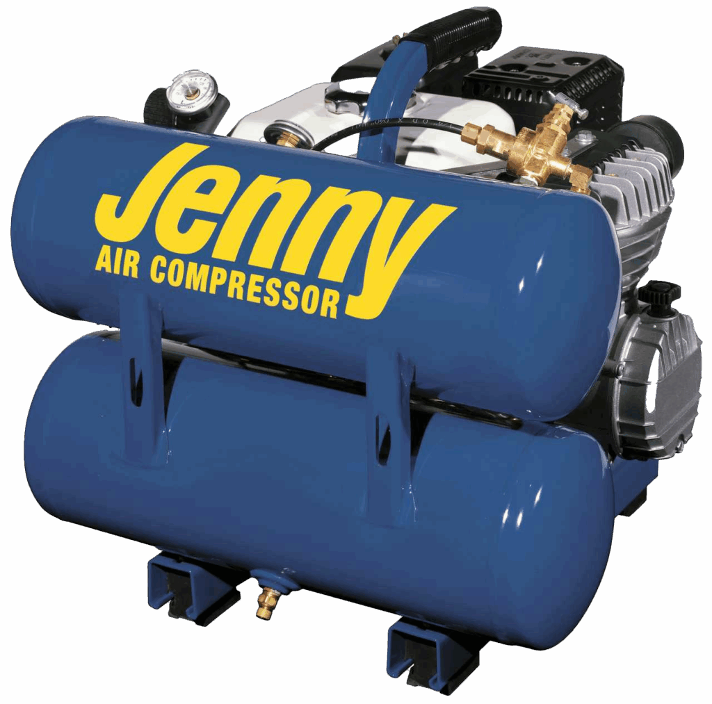 Portable Jenny air compressor with dual horizontal tanks and visible brass fittings, isolated on a transparent background