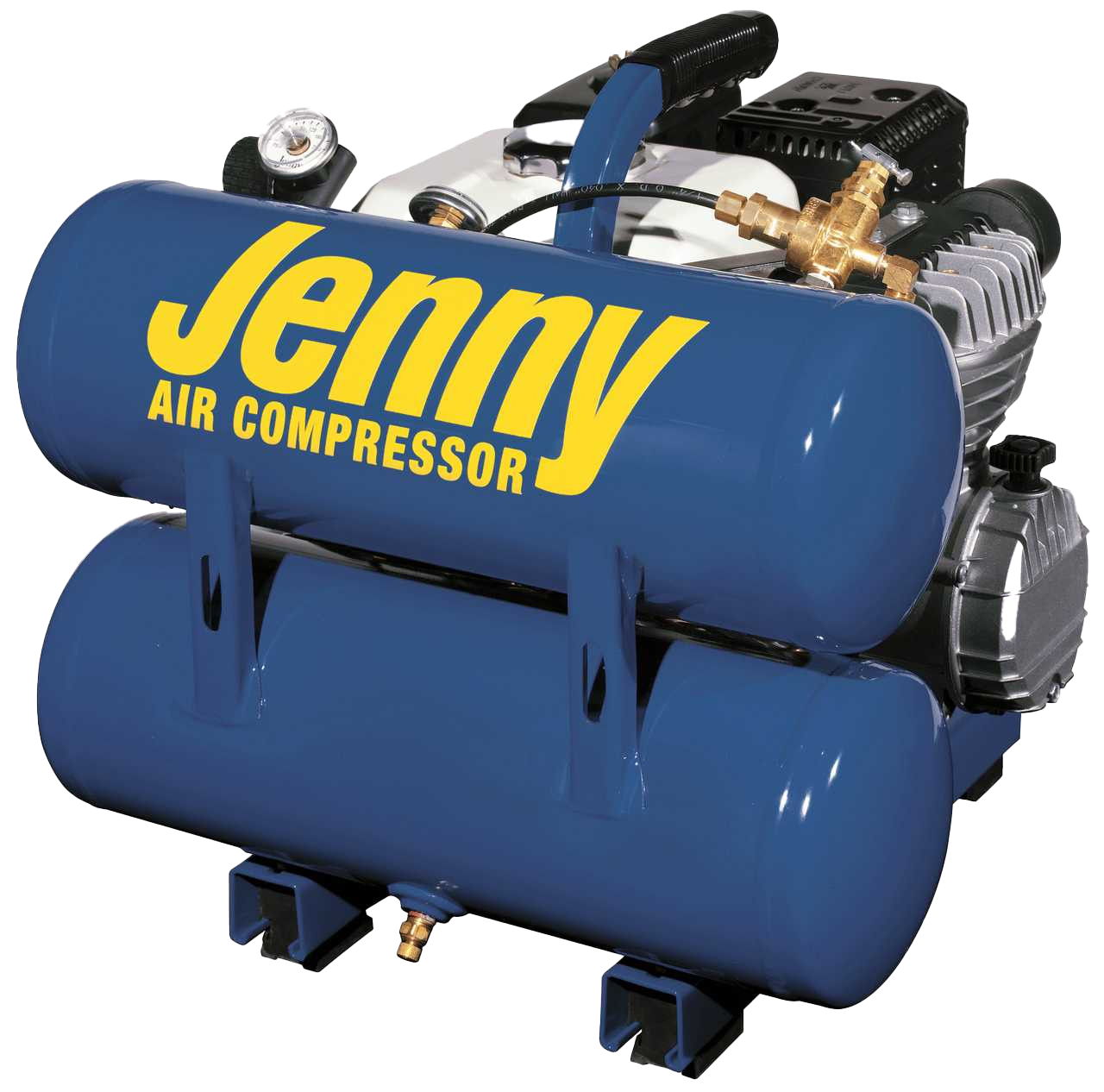 Portable Jenny air compressor with dual horizontal tanks and visible brass fittings, isolated on a transparent background