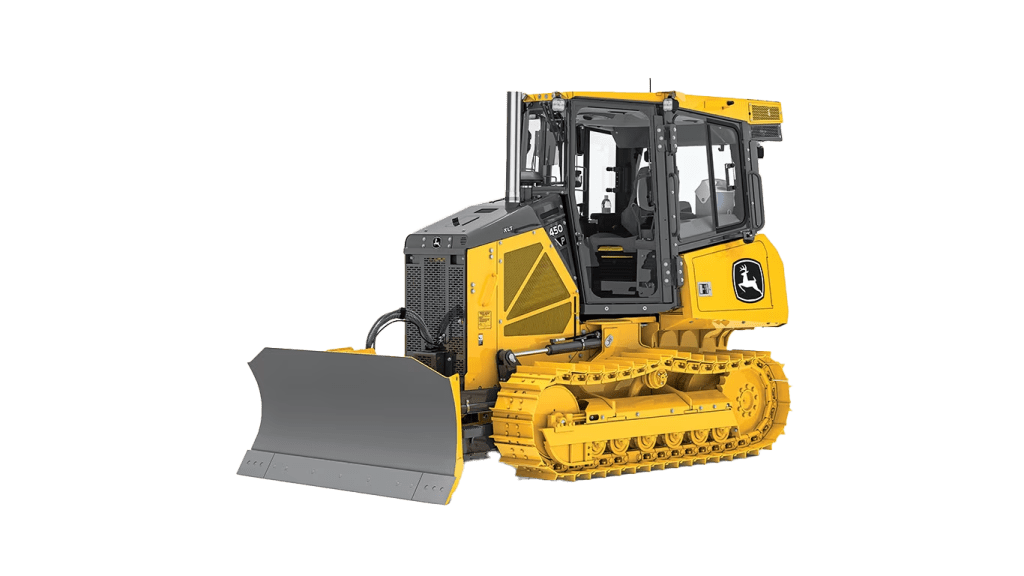 John Deere 450 P-Tier compact crawler dozer with 8-foot blade and ROPS cab, designed for precision grading in tight workspaces.