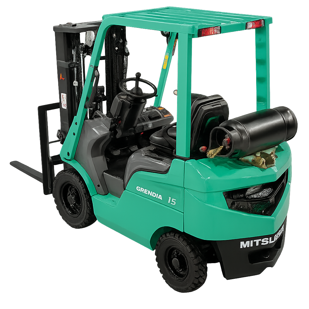 Mitsubishi Grendia 1.5-ton LP gas forklift with overhead guard, rear propane tank, and ergonomic operator seat.
