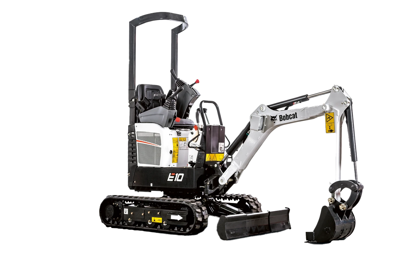 Bobcat E10 compact excavator positioned in a tight workspace with bucket lowered.