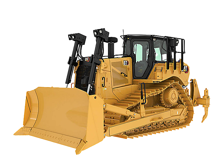 Cat D7 Dozer with Semi-Universal blade positioned on a rugged construction site, showcasing its robust build and durability.