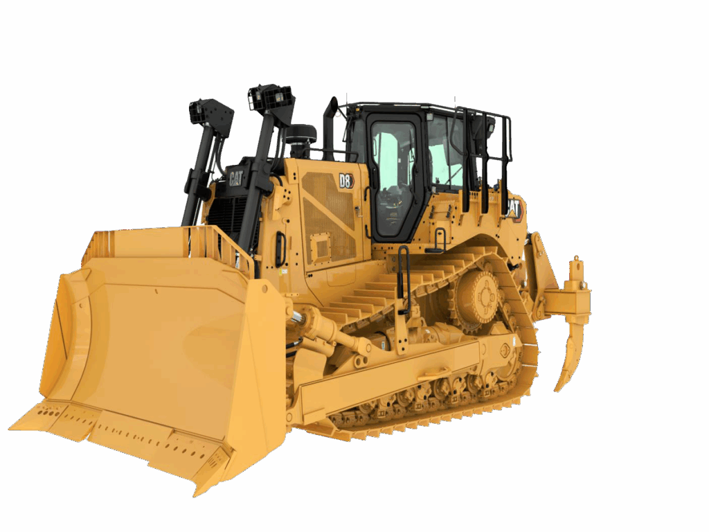 Cat D8 Dozer with SU Blade operating on a rugged construction site, viewed from front-side angle