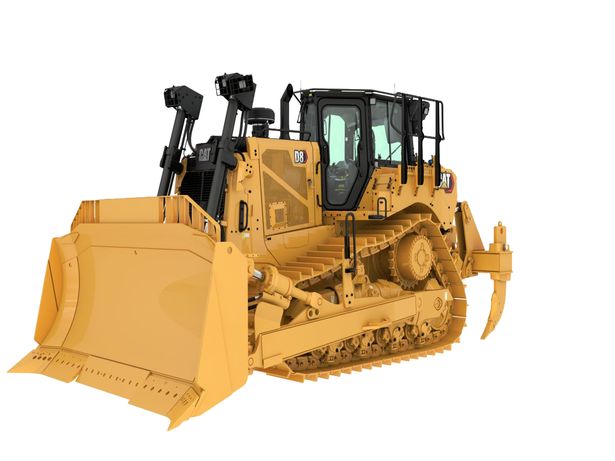 Cat D8 Dozer with SU Blade operating on a rugged construction site, viewed from front-side angle