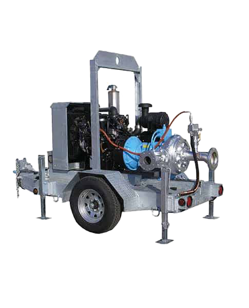 Trailer-mounted HH125C high head pump with diesel engine, fuel tank, and clean prime venturi system