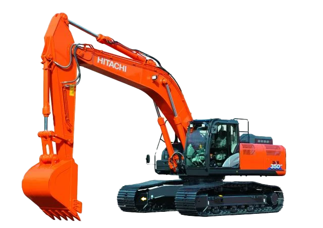 Hitachi ZX350LC-6 mid-size excavator with extended boom, shown at a construction site with deep trenching capabilities.