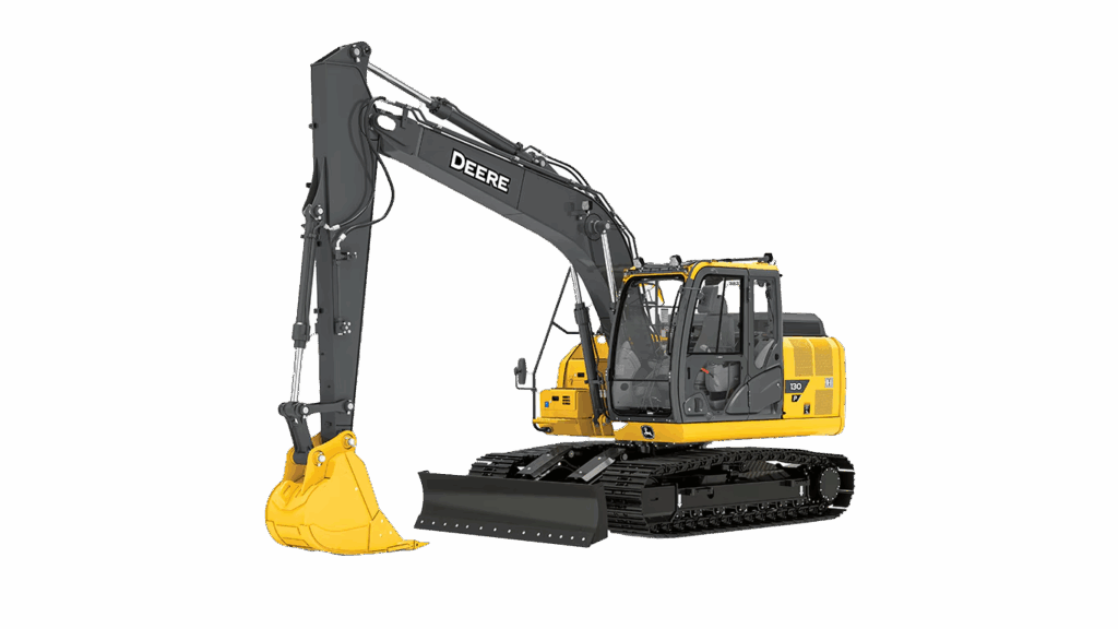 John Deere 130 P-Tier Mid-Size Excavator operating with mono boom and dozer blade on a construction site