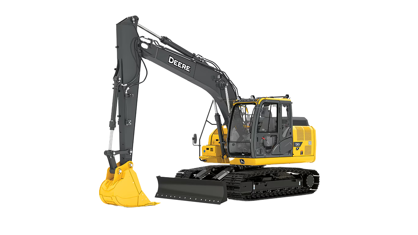 John Deere 130 P-Tier Mid-Size Excavator operating with mono boom and dozer blade on a construction site