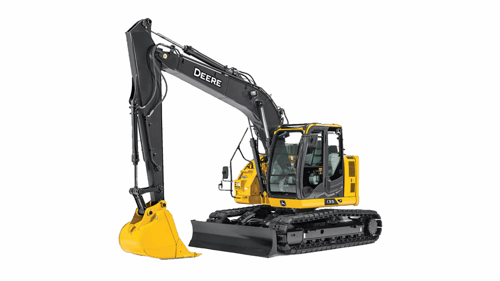 John Deere 135 P-Tier mid-size excavator positioned on a construction site with boom extended and dozer blade visible.