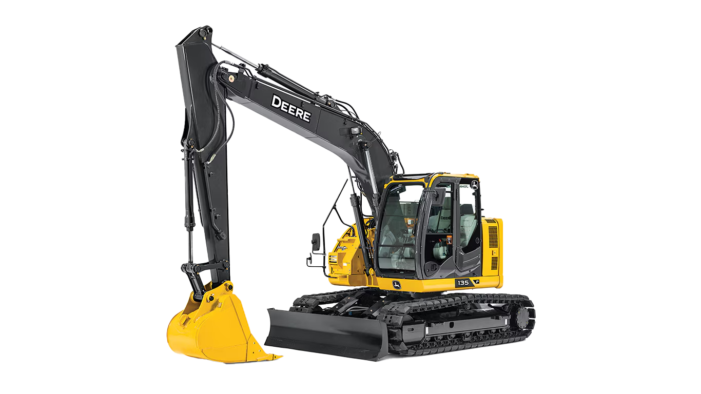 John Deere 135 P-Tier mid-size excavator positioned on a construction site with boom extended and dozer blade visible.