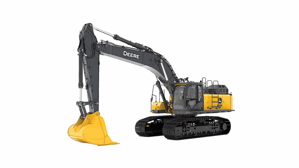 John Deere 510 P-Tier large excavator on job site, showcasing deep digging capabilities and heavy-duty build.