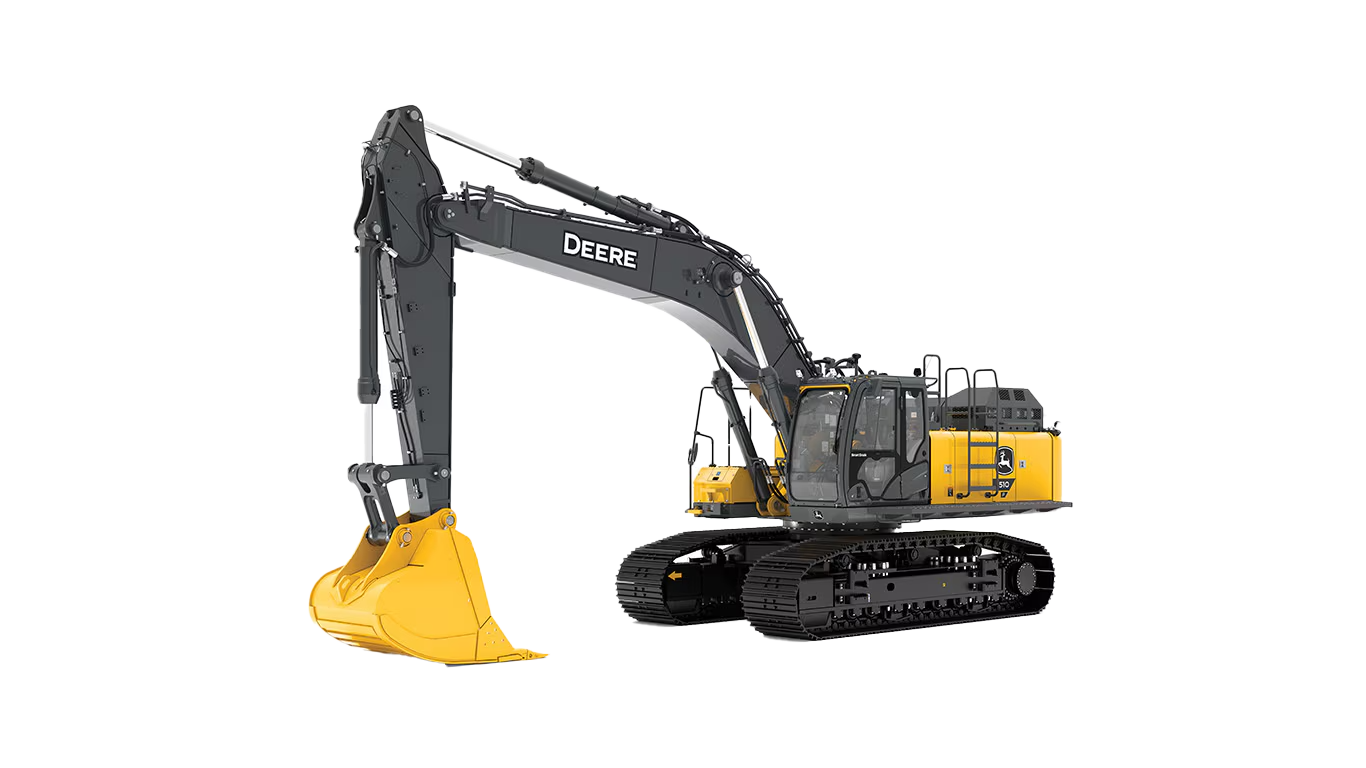 John Deere 510 P-Tier large excavator on job site, showcasing deep digging capabilities and heavy-duty build.