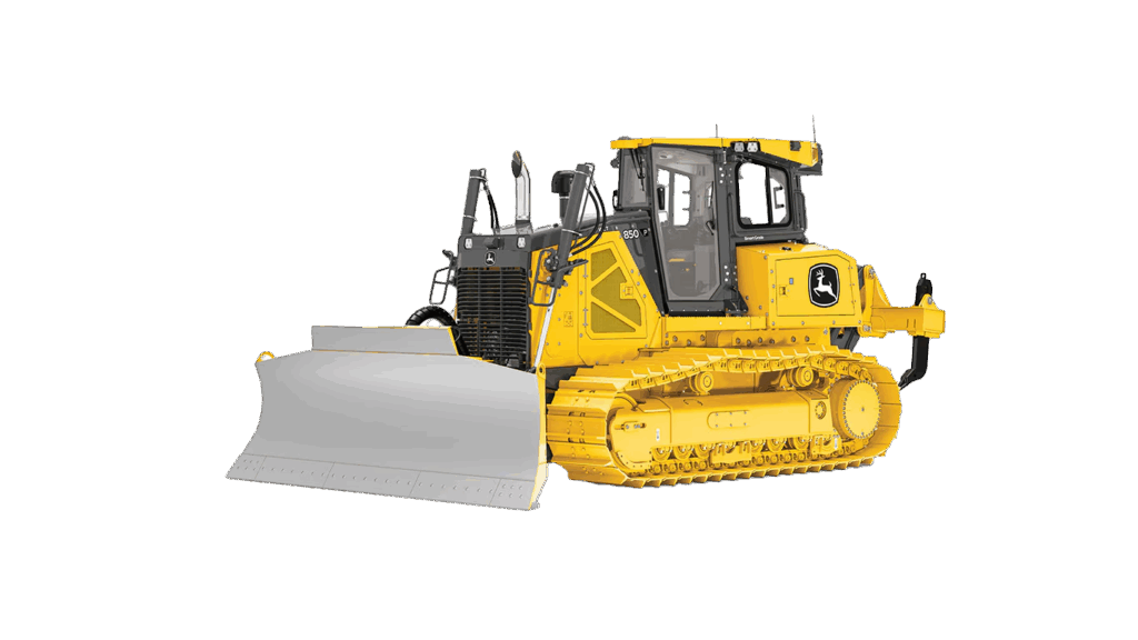 Side view of a John Deere 850 P-Tier Dozer with a 14-foot blade and heavy-duty undercarriage, ideal for large-scale earthmoving.