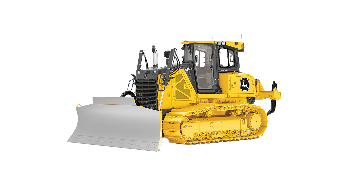 Side view of a John Deere 850 P-Tier Dozer with a 14-foot blade and heavy-duty undercarriage, ideal for large-scale earthmoving.