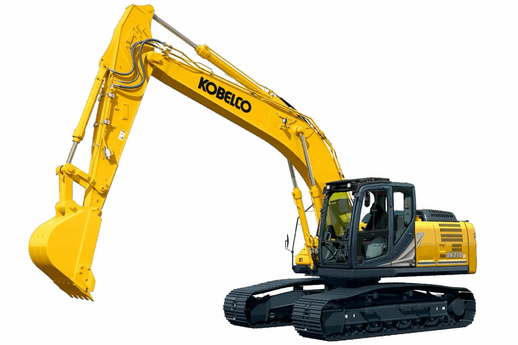 Kobelco SK210LC-10 Hydraulic Excavator with long arm configuration digging at a construction site, showing full boom reach and cab profile