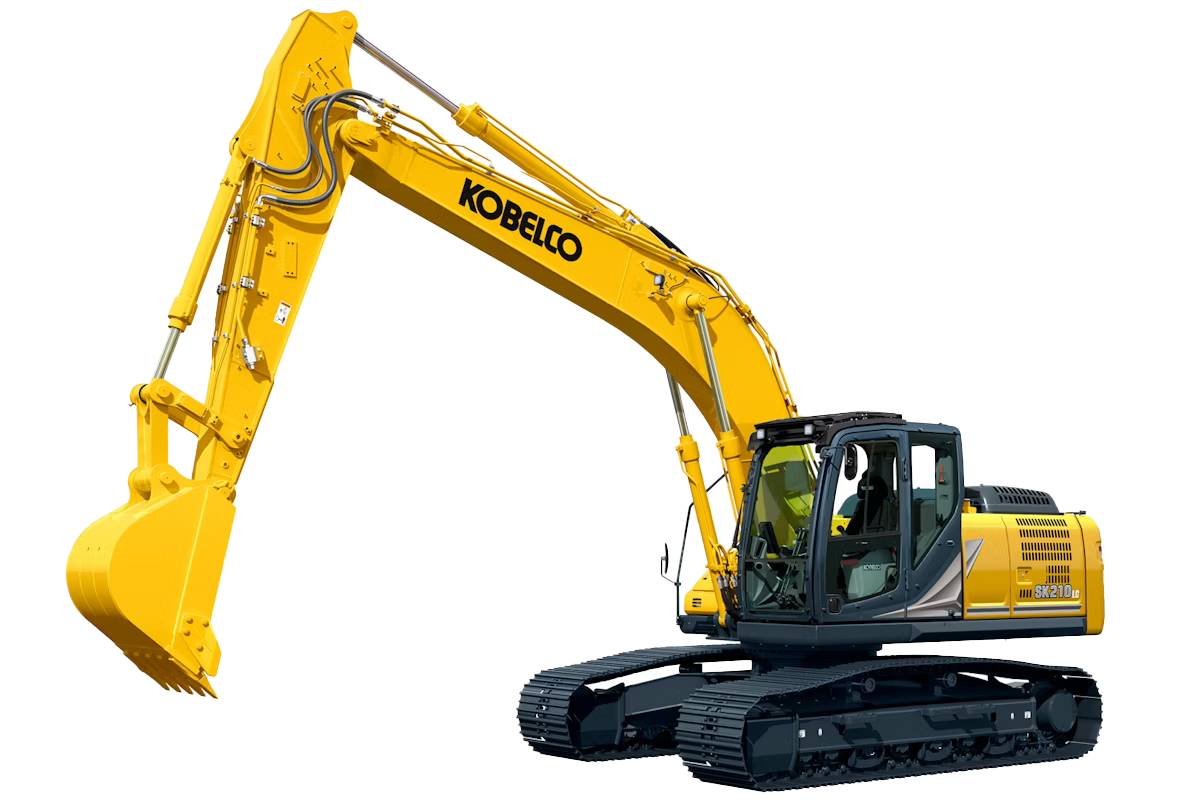 Kobelco SK210LC-10 Hydraulic Excavator with long arm configuration digging at a construction site, showing full boom reach and cab profile