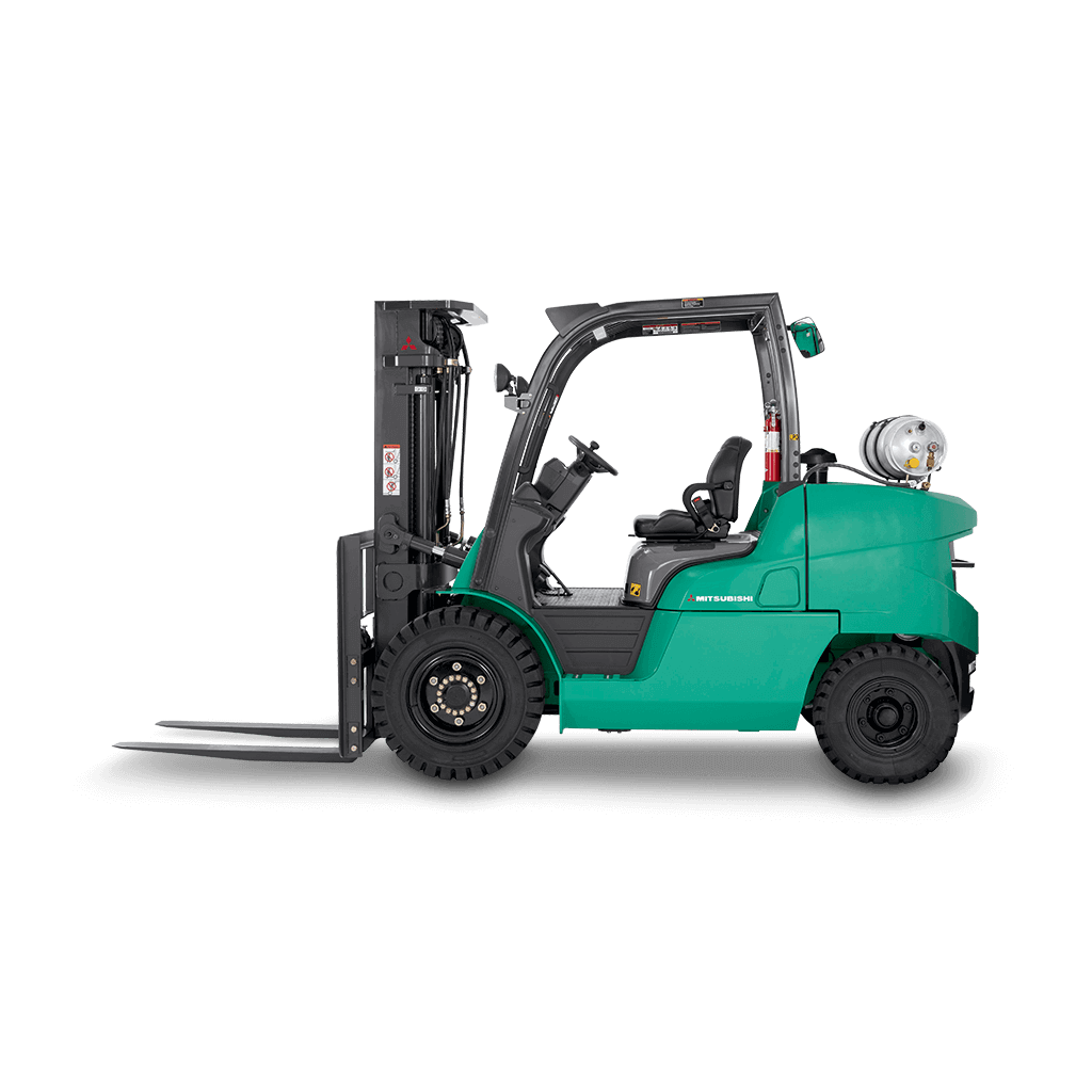 Mitsubishi FD40N diesel forklift with 8,000 lb lifting capacity, pneumatic tires, and powershift transmission.