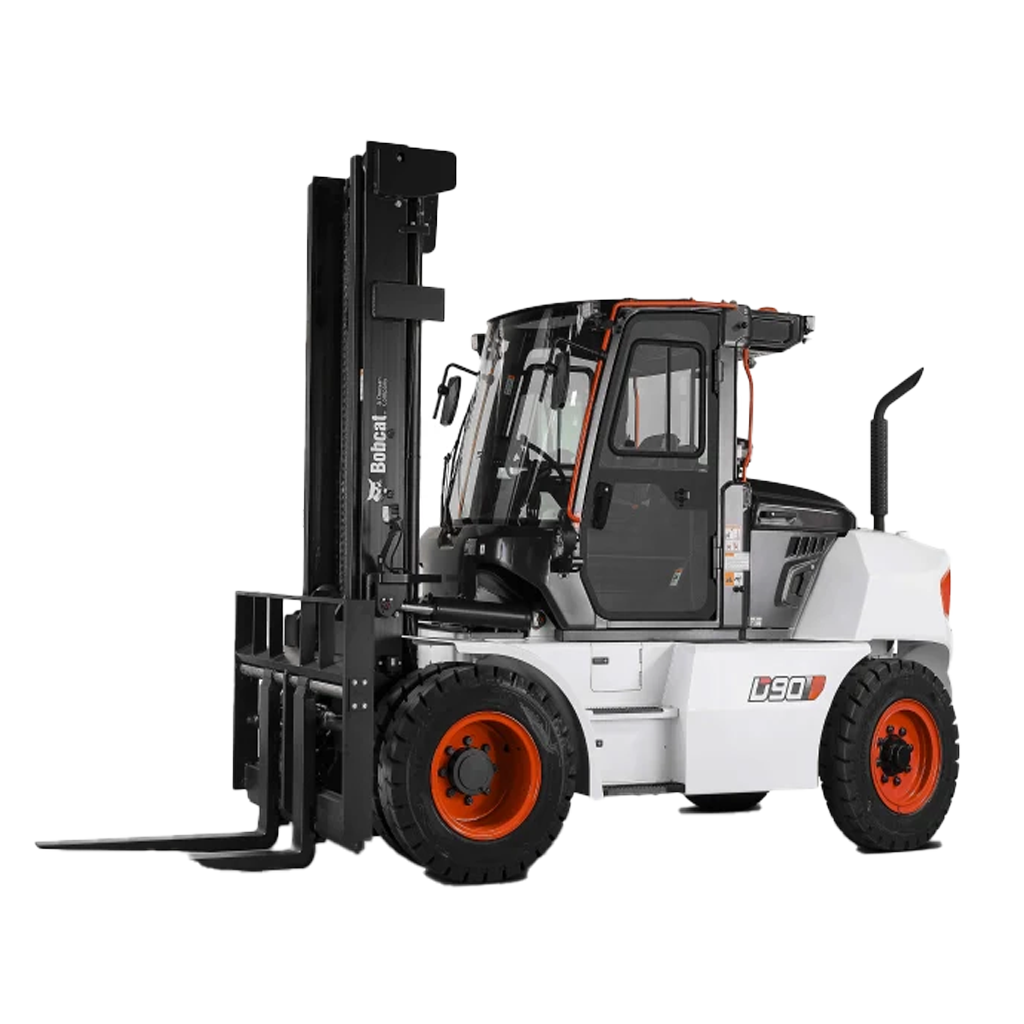 Bobcat D90S-9 forklift lifting heavy pallet load in an industrial yard.
