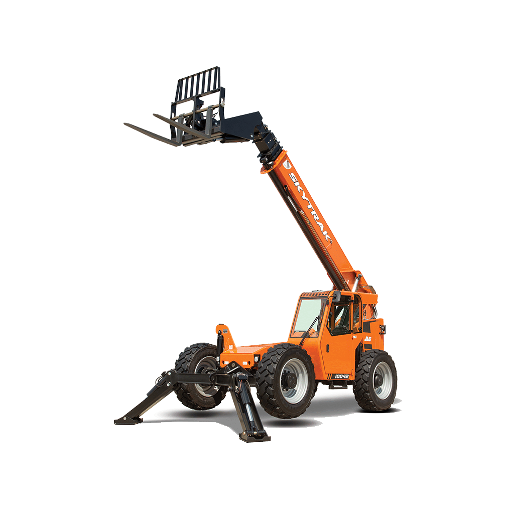 Skylark 10042 telehandler lifting materials on a construction site with boom fully extended.